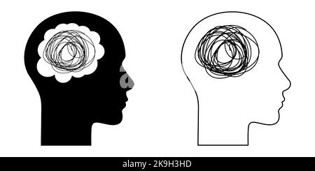 Menschliche Köpfe mit verworrter Linie im Inneren. Flacher und liniverer Kunststil. Konzept der psychischen Störung, Lösungsfindung, chaotischer Denkprozess und Depression Stock Vektor