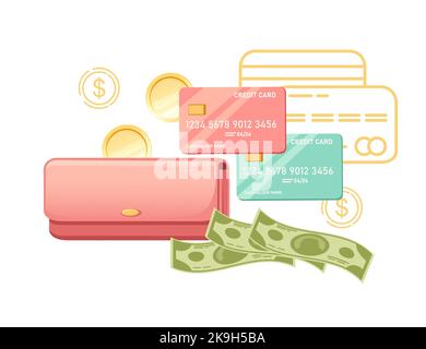 Rosa Brieftasche mit Dollar und Kreditkarten E-Commerce-Vektor-Illustration auf weißem Hintergrund Stock Vektor