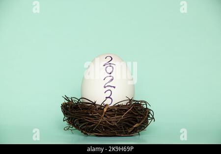 Hühnereier mit Text 2023 in einem Strohnest auf blauem Hintergrund, glückliches neues Jahr 2023 Stockfoto