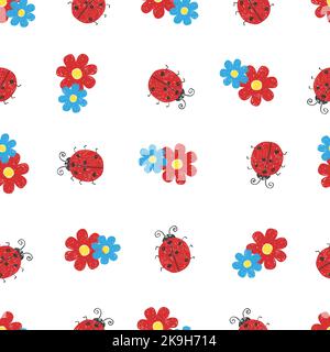 Nahtloses Muster mit niedlichen Marienkäfern und Blumen. Vektorhintergrund Stock Vektor