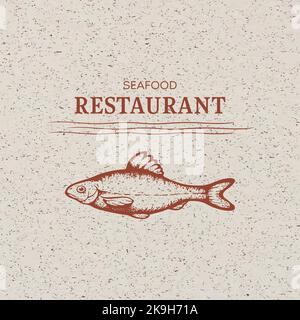 Logo des Fischrestaurants. Emblem für Meeresfrüchte Stock Vektor
