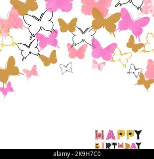 „Happy Birthday“-Karte mit Aquarellrosa und glitzernden goldenen Schmetterlingen. Hintergrund der Vektorfeier Stock Vektor