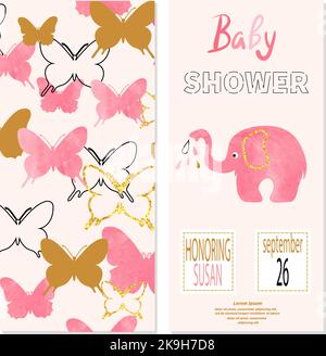 Baby Dusche Mädchen. Vektor Einladungskarte Design mit Schmetterlingen und niedlichen Elefanten. Stock Vektor
