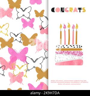 Aquarelle Geburtstagskarte in Pink- und Goldtönen. Vektordarstellung von Geburtstagskuchen mit Kerzen und Schmetterlingen Stock Vektor