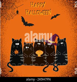 „Happy Halloween“-Grußkartendesign mit süßen schwarzen Karikaturen. Vektorferien-Illustration in Schwarz und Orange Stock Vektor