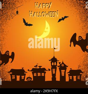 Halloween-Hintergrund mit gruseligen Geistern, Fledermäusen und Mond. Weihnachtskartendesign in Orange und Schwarz. Vektordarstellung Stock Vektor