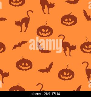 Orangefarbener Halloween-Hintergrund mit Kürbissen, Fledermäusen und Katzen. Nahtloses Feiertagsmuster Stock Vektor