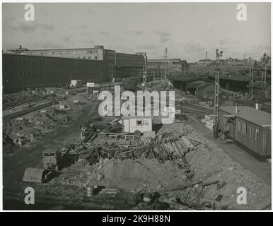 Die Staatsbahnen, SJ, Stockholm Hauptbahnhof Wiederaufbau von Bangården 1954. Stockfoto