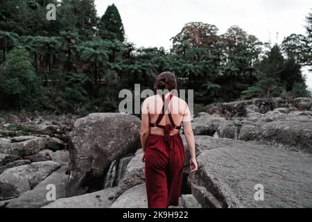 Mädchen, junge, Frau von hinten, die auf großen Felsen in Richtung Wald geht Stockfoto