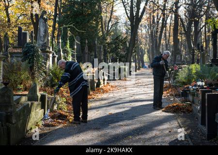 Zwei Männer fegen Blätter auf dem historischen Powazki Friedhof. Der Allerheiligste Tag, der am 1.. November stattfindet, ist ein Feiertag in Polen und einer der wichtigsten katholischen Feiertage im Laufe des Jahres. Diejenigen, die ihre Angehörigen verloren haben, gehen auf die Friedhofs, um den Toten ihre Achtung zu erweisen. Sie brennen Kerzen auf den Gräbern und bringen Blumen. Es wird manchmal auch als der Tag der Erinnerung an die, die gegangen sind, bezeichnet. Stockfoto