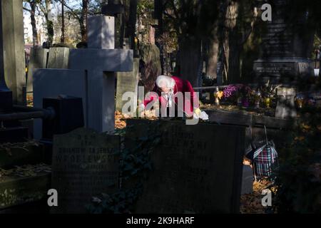 Eine ältere Frau sah, wie sie auf dem historischen Powazki Friedhof ein Grab reinigte. Der Allerheiligste Tag, der am 1.. November stattfindet, ist ein Feiertag in Polen und einer der wichtigsten katholischen Feiertage im Laufe des Jahres. Diejenigen, die ihre Angehörigen verloren haben, gehen auf die Friedhofs, um den Toten ihre Achtung zu erweisen. Sie brennen Kerzen auf den Gräbern und bringen Blumen. Es wird manchmal auch als der Tag der Erinnerung an die, die gegangen sind, bezeichnet. Stockfoto