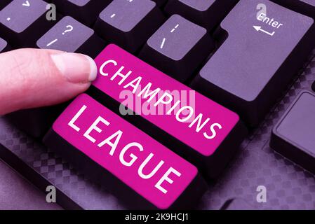Inspiration zeigt Zeichen Champions League. Konzept bedeutet Bankkonto, das Ihnen einfachen Zugriff auf Ihre Geld-Computer-Tastatur und -Symbol ermöglicht Stockfoto