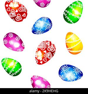 Frohe Ostern Hintergrund. Nahtloses Muster. Bemalte bunte Eier. Aquarelldarstellung auf weißem Hintergrund. Für Textilien, Verpackungen, Dekoration a Stockfoto