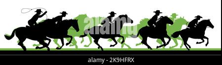 Cowboys reiten auf Pferden. Jagd auf Herde. Bildsilhouette. Reiter auf dem Pferderücken. Isoliert auf weißem Hintergrund. Vektor. Stock Vektor