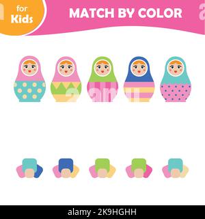 Pädagogisches Spiel für Kinder. Wählen Sie Farben für Puppen. Spielzeug für Kinder Stock Vektor