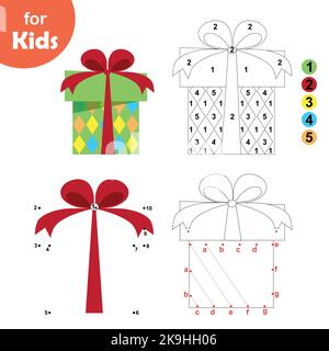 Weihnachtsgeschenk, Set Pädagogische Spiele für Kinder. Punkt für Punkt Färbung Stock Vektor