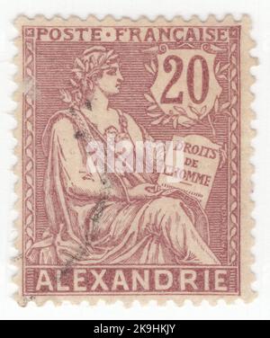 ALEXANDRIA - 1903: Eine braun-violette Briefmarke mit 20 Rappen, die die Allegorie „die Rechte des Menschen“ darstellt. Standardausgabe 'Mouchon', entworfen von Louis-Eugène Mouchon. Französischer Maler, Grafiker, Medaillengewinnerin, Kupferstecher und Bildhauer Stockfoto