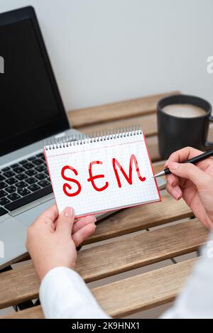 Schreiben mit Anzeige von Text Sem. Business Schaufenster Suchmaschinen-Marketing Internet-Marketing beinhaltet die Förderung der Website Stockfoto