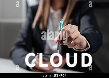 Text zeigt Inspiration Cloud. Geschäftsansatz Remote-Ausführung von Workloads über das Internet in Daten des kommerziellen Anbieters Woman Holding Tablet und Stockfoto
