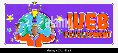 Signieren Sie, um die Web-Entwicklung anzuzeigen. Business Overview Arbeiten an der Entwicklung einer Website für den Internet Professor in Suit mit Brillen präsentieren beteiligt Stockfoto