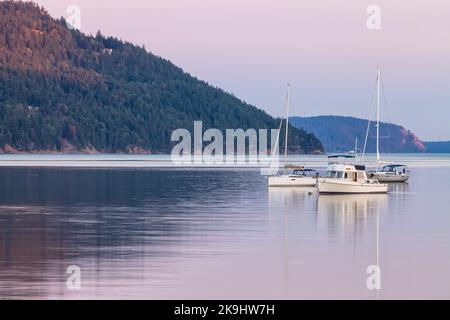 Das Bild zeigt eine ruhige Szene von drei Segelbooten, die in einer ruhigen Bucht auf Orcas Island, Washington, ankern. Stockfoto