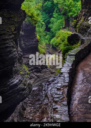 Ein Gehweg, der die Passage sicher macht, fährt durch die Enfield Gorge im Robert Treman State Park im Schuyler County, New York Stockfoto