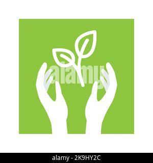 Zwei Hände und Sprossen-Symbol. Konzepte des Umweltschutzes, des Pflanzens von Bäumen, des Anbaus, ökologischer Themen. Stock Vektor