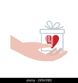 Herz in einer Geschenkbox. Konzept des Schenkens von immateriellen Geschenken. Stock Vektor