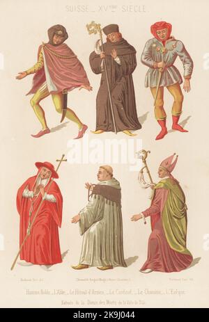 Schweizer Männerkostüme, 15.. Jahrhundert. Adliger, Abt, Herold, Kardinal, Kanon und Bischof. Homme noble, l'abbe, le heraut-d'armes, le Kardinal, le chanoine, l'eveque. Suisse, XVe siecle. Von Danse des Morts in Basel. Chromolithographie von Ferdinand Sere aus Charles Louandres Les Arts Somptuaires, The Sumptuary Arts, Hangard-Mauge, Paris, 1858. Stockfoto