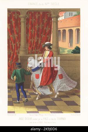 Ein Richter auf Kaparisonpferd, geführt von einer Seite zu den Turnierlisten, Ende des 15.. Jahrhunderts. Juge-Diseur Conduit par un page au lieu du tournoi. Frankreich, fin du XVe siecle. Aus dem illuminierten Manuskript King René's Tournament Book, Tournois du ROI Rene, 1460, MS 8351, Bibliotheque Imperiale de Paris. Chromolithographie von Ferdinand Sere nach Auguste Racinet aus Charles Louandres Les Arts Somptuaires, The Sumptuary Arts, Hangard-Mauge, Paris, 1858. Stockfoto