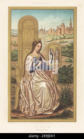 Allegorische Figur der Vernunft, Frankreich, 16.. Jahrhundert. Auf einem Thron sitzend, hält sie ein goldenes Gemälde mit den Figuren des Glaubens und der Hoffnung. La Raison. XVIe Siecle. Entnommen aus einem Manuskript von Petrarcas De remediis utriusque fortunae, MS 6877, Bibliotheque Imperiale. Chromolithographie von Giare nach einer Illustration von Claudius Joseph Ciappori aus Charles Louandres Les Arts Somptuaires, The Sumptuary Arts, Hangard-Mauge, Paris, 1858. Stockfoto