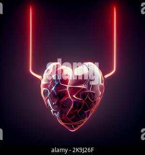 Leuchtendes Cyber-Herz. Neonfarbenes kybernetisches Herz. 3D Digitale Abbildung. Stockfoto