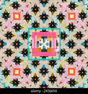 Kitschig gemustertes geometrisches Retro-Design in nahtlosem Hintergrund. Trendy modernen Boho Geo in lebendigen bunten Grafik Illustration. Wiederholen Sie die Kachel für Stockfoto