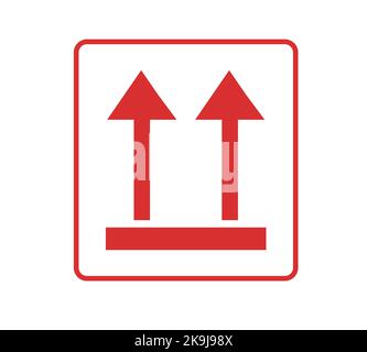 Rotes Symbol „This Way Up“. Konzept der Verpackung. Stock Vektor