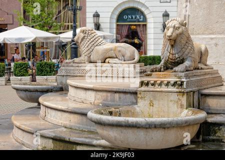 Der Löwenbrunnen von der Bildhauerin Agnes Peter und dem Architekten Laszlo Wild wurde 1985 an der Stelle eines Brunnens am Vörösmarty-Platz in Budapest, Ungarn, erbaut Stockfoto