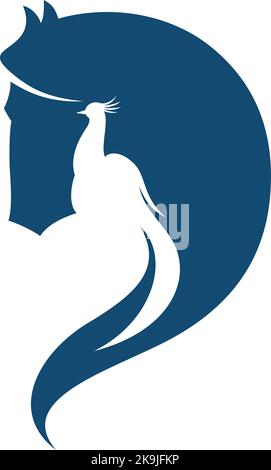 Silhouette des Pferdekopfes mit einem Pfau im Inneren. Negatives Raumdesign Stock Vektor