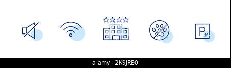 Hotelsymbole. Schalldicht oder lärmgeschützt, wi-Fi, keine Haustiere erlaubt, Parkplatz. Pixelgenaue, bearbeitbare Strichkunst Stock Vektor