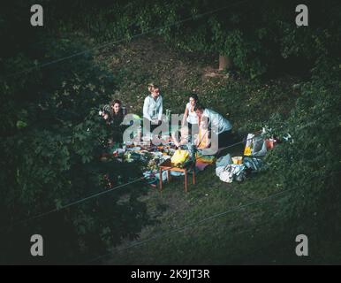 Eine Gruppe von Freunden ließ sich auf der städtischen Lichtung unter Drähten für ein Picknick nieder Stockfoto