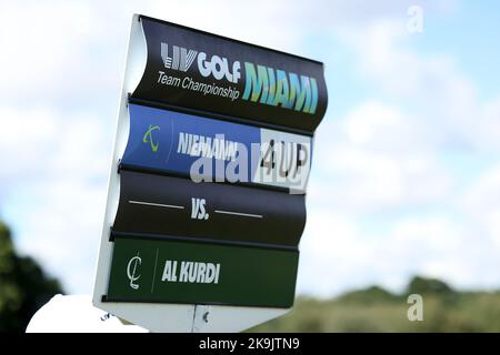 Miami, USA. 28. Oktober 2022. DORAL, FL - 28. OKTOBER: Gesamtansicht während des Viertelfinales der LIV Golf Invitational - Miami bei Trump National Doral Miami am 28. Oktober 2022 in Doral, Florida. (Foto von Alberto E. Tamargo/Sipa USA) Quelle: SIPA USA/Alamy Live News Stockfoto