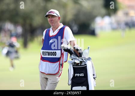 Miami, USA. 28. Oktober 2022. DORAL, FL - OKTOBER 28: Lee Westwood Caddy schaut auf das erste Grün während des Viertelfinals des LIV Golf Invitational - Miami bei Trump National Doral Miami am 28. Oktober 2022 in Doral, Florida. (Foto von Alberto E. Tamargo/Sipa USA) Quelle: SIPA USA/Alamy Live News Stockfoto