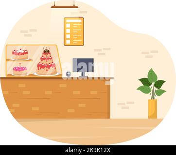 Sweet Shop Verkauf verschiedener Backwaren, Cupcake, Kuchen, Gebäck oder Süßigkeiten auf flacher Cartoon-Stil handgezeichnete Vorlagen Illustration Stock Vektor