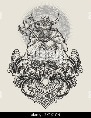 Illustration antike wikinger Krieger mit Gravur Ornament Stock Vektor