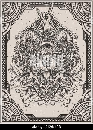 Illustration Wolf Kopf Mandala Stil mit Gravur Ornament Stock Vektor
