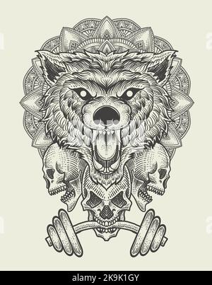 Illustration Baddas Wolfkopf mit Totenkopf Stock Vektor
