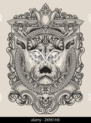 Illustration Hund Kopf Gravur Ornament Stil Stock Vektor