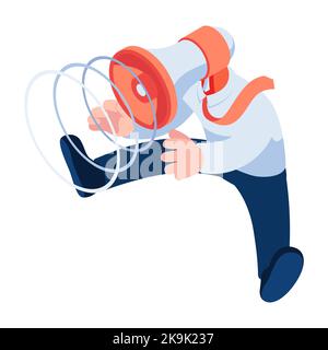 Flat 3D Isometrischer Geschäftsmann mit Megaphon Head. Persönliches Branding und Konzept zur Selbstwerbung. Stock Vektor