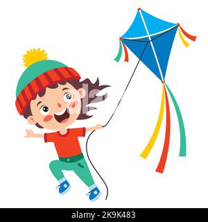 Kind spielt mit Einem bunten Drachen Stock Vektor
