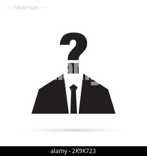 Anonymisierungssymbol. Silhouette des Benutzers mit Fragezeichen. Unbekannte Person. Isolierte Vektordarstellung Stock Vektor
