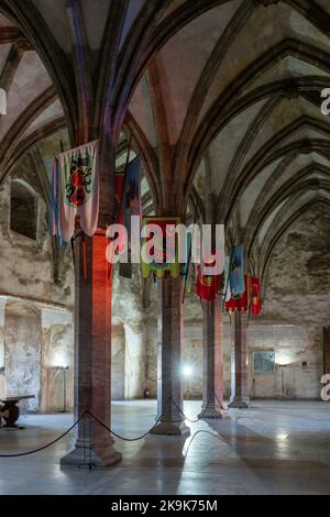 Hunedoara, Rumänien - 17. Oktober 2022: Blick auf die große Halle im Inneren des Schlosses Hunedoara mit mittelalterlichen Bannern, die von der Decke hängen Stockfoto