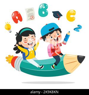 Lustiges Kind, Das Auf Dem Bunten Bleistift Fliegt Stock Vektor